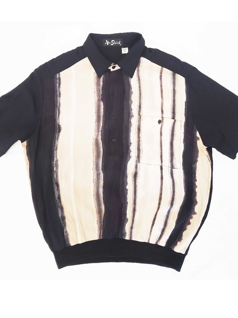 Vintage 90s Alan Stuart Mens Rayon Polo Shirt Black Tan Abstract Sopranos L